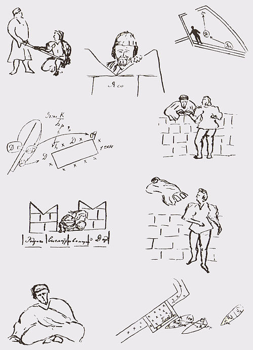 Sketches by Stanislavski in his 1929–1930 production plan for Othello, which offers the first exposition of what came to be known as his Method of Physical Action rehearsal process.