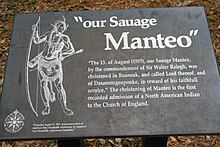 A plaque for the christening of Manteo at Roanoke Island Our Savage Manteo - Stierch.jpg