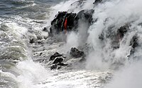 Pāhoehoe flows enter the Pacific Ocean on Hawaiʻi island.