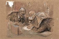 パリ講和会議におけるウッドロウ・ウィルソン、ジョルジュ・クレマンソー、デビッド・ロイド・ジョージのカリカチュア。ノエル・ドーヴィル画、1919年。