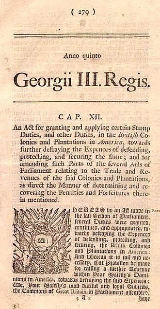 Notice of the Stamp Act 1765 in a newspaper Parliament Stamp Act1765.jpg