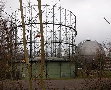 Decommissioned gas holder next to a spherical gas tank in Pforzheim, Germany