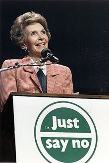 First Lady Nancy Reagan speaking at a "Just Say No" rally in Los Angeles, in 1987 Photograph of Mrs. Reagan speaking at a "Just Say No" Rally in Los Angeles - NARA - 198584.jpg