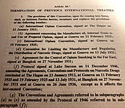 Article 44 of the 1961 Single Convention terminated a number of previous drug-control treaties. Photograph of the Commentary on the Single Convention on narcotic drugs, 1961 (page 456, article 44).jpg