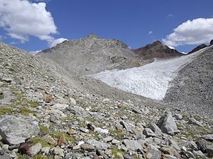 Piz Paradisin with the La Pala secondary peak above the Vedreit da Camp glacier