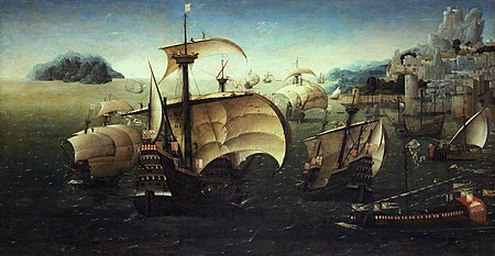 The large carrack, thought to be the Santa Catarina do Monte Sinai, and other Portuguese carracks of various sizes. From painting, attributed to either Gregorio Lopes or Cornelis Antoniszoon, showing voyage of the marriage party of Princess Beatrice of Portugal, Duchess of Savoy in 1521. Portuguese Carracks off a Rocky Coast.jpg
