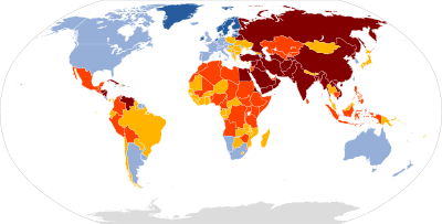 2023 World Press Freedom Index
.mw-parser-output .legend{page-break-inside:avoid;break-inside:avoid-column}.mw-parser-output .legend-color{display:inline-block;min-width:1.25em;height:1.25em;line-height:1.25;margin:1px 0;text-align:center;border:1px solid black;background-color:transparent;color:black}.mw-parser-output .legend-text{}
Good: 85-100 points
Satisfactory: 70-85 points
Problematic: 55-70 points
Difficult: 40-55 points
Very serious <40 points
Not classified Press freedom 2023.svg