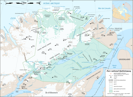 Map of Quttinirpaaq National Park, showing Judge Daly Promontory south of Fort Conger. Quttinirpaaq National Park map-fr.png