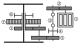 Exemple de transmissió: 1) Motor de tracció. 2) Primera reducció. 3) Eix. 4) Fre de transmissió (no habitual). 5) Segona reducció. 6) Fre de cremallera. 7) Roda dentada.