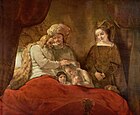 Rembrandts Jakobssegen – Jakob segnet die Söhne des Joseph (Porträt des Petrus Scriverius, des Wilhelm Schrijver, der Wendela de Graeff und ihrer Söhne) (Rembrandt, 1656)