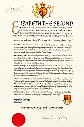 Regius Professor of Engineering at Imperial College London Royal Warrant for the Regius Professor of Engineering, Imperial College London.jpg