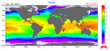 Sea surface temperature on December 20, 2013 at 1-km resolution