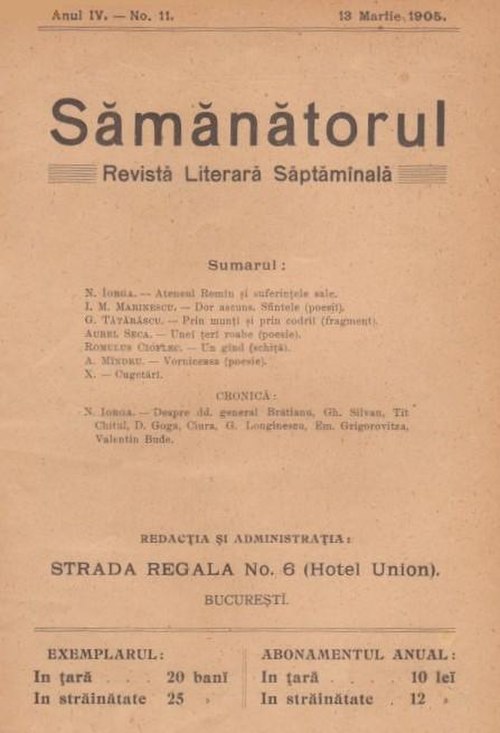 Cover of Sămănătorul, March 1905. The table of contents credits Iorga as an editorialist and political columnist