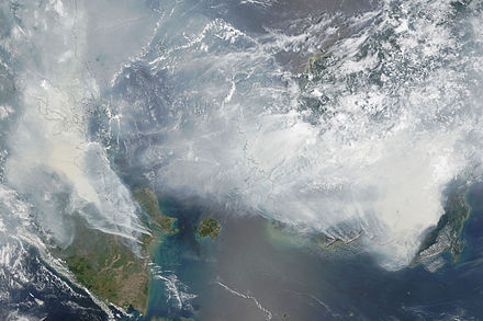 A NASA satellite image showing the extent of the haze on 24 September 2015. Palembang was directly affected by the haze during this time, disrupting air travels and worsening the health of its residents.