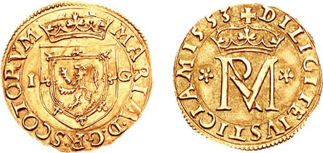 Gold coin of 1553: obverse, coat of arms of Scotland; reverse, royal monogram