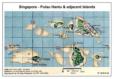 A map dated back to 1945 showing Pulau Hantu, plus larger islands, straits and reefs nearby. Singapore - Pulau Hantu map 1945.jpg