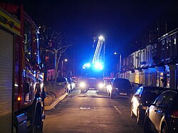 An illusionary view down a street in East Hull where Humberside Fire and Rescue Service firefighters had just finished securing a loose chimney damaged by Storm Eunice