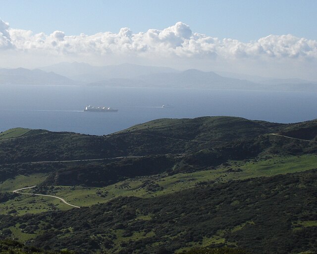 A view across the Strait of Gibraltar taken from the hills above Tarifa, Spain