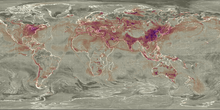 Sulfur dioxide in the world on April 15, 2017. Note that sulfur dioxide moves through the atmosphere with prevailing winds and thus local sulfur dioxide distributions vary day to day with weather patterns and seasonality. SulufrDioxide2017.png