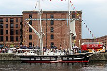 The Sea Cadet flagship TS Royalist moored outside the Merseyside Maritime Museum in Canning Dock, Liverpool, during the Three Festivals Tall Ship Regatta 2018. TS Royalist, Liverpool 2018.jpg