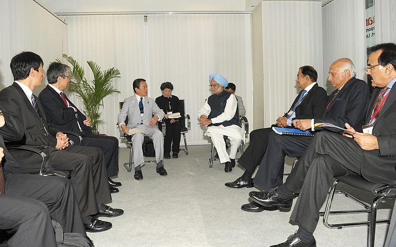 File:Taro Aso meeting the Prime Minister, Dr. Manmohan Singh during the 46th Annual Meeting of the Board of Governors of Asian Development Bank, at Greater Noida, Uttar Pradesh on May 04, 2013 (1).jpg