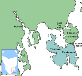 A Tasman-félsziget elhelyezkedési térképe a Forestier-félszigettel, amely összeköti Tasmania többi részével.