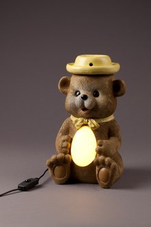 Teddy bear lamp in the collection of the Jewish Museum of Switzerland. The cap can be twisted, thus covering the lightbulb with a dark shell. Teddy bear Shabbat lamp.tif