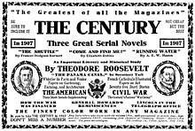 1907 advertisement for The Century promoting writings by President Roosevelt and then Secretary of War William Taft The Century Magazine advertisement 1907.jpg