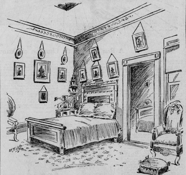 File:The Chamber in Which Mrs. Sara B. Cooper and Her Daughter Harriet Were Found Dead Yesterday Morning (1896).png