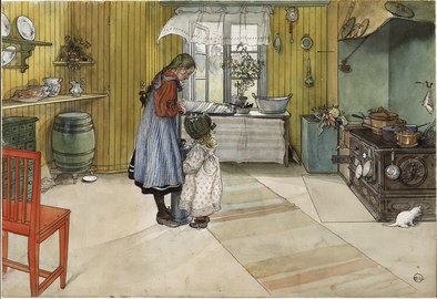 Köket av Carl Larsson (1898). På fönsterbänken står en förzinkad diskbalja.