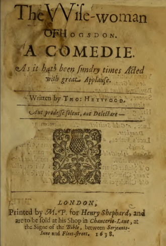 Frontispiece to the 1638 edition The Wise Woman of Hoxton frontispiece.png