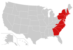 Map of present-day USA with the thirteen original colonies highlighted.