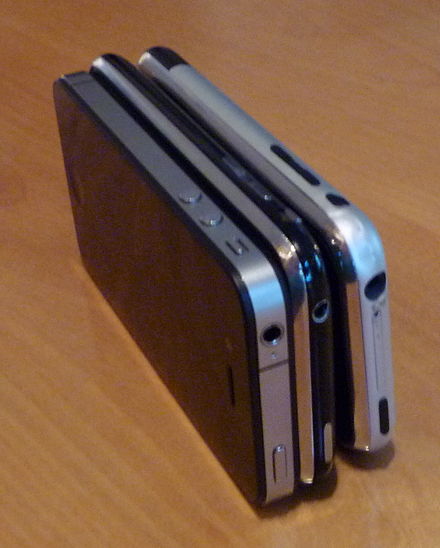 Side view of an original iPhone (right), iPhone 3G/3GS (center), and an iPhone 4 (left). The original is made of aluminum and plastic, the 3G/3GS is made from a hard plastic material, and the iPhone 4 is made of stainless steel and hardened glass.