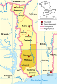 Harta regiunii Plateaux în cadrul Togo