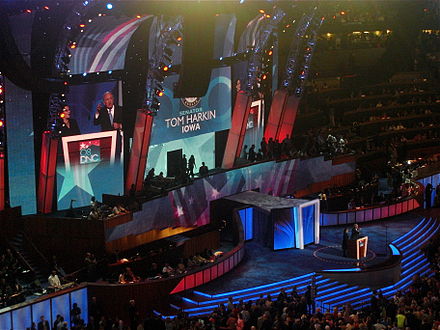 Harkin speaks during the first night of the 2008 Democratic National Convention in Denver, Colorado, opening his speech using American Sign Language in reference to his involvement with the Americans with Disabilities Act.