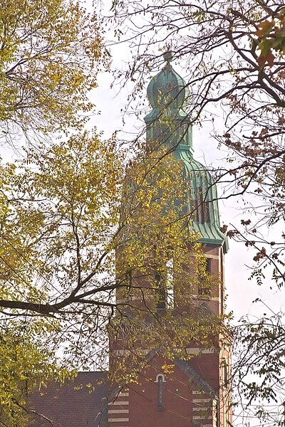 Tower of St. Josaphat’s through autumn leaves