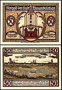 50 Pfennig Notgeld banknote (1921) by Heinz Schiestl of Treuenbrietzen, Germany, reverse: view of the town.