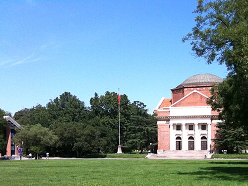 Built in 1917, the Grand Auditorium with its Jeffersonian architectural design is a centerpiece of the old campus