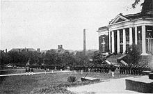 The first band at an HBCU was established at what is now Tuskegee University (pictured in 1918) in 1890. Tuskegee University (c. 1916).jpg