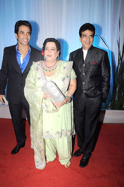 Kapoor with her son Tusshar Kapoor and husband Jeetendra at Esha Deol's wedding reception in 2012