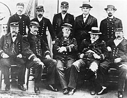 Tallapoosa's officers, 1873. Her Commanding Officer, Lieutenant David G. McRitchie, is seated in the center. USS Tallapoosa crew.jpg