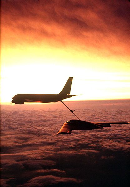 A KC-135 Stratotanker from the 22nd Air Refueling Wing refuels a B-2 Stealth Bomber from the 509th Bomb Wing.