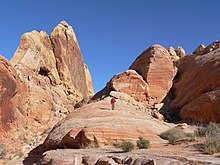 Une vue de roches usées, rouges, oranges et blanches regroupées, avec quelques petites excroissances de végétation dispersées parmi elles.