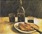 Still life with bottle, two glasses, cheese and bread, 1886, Van Gogh Museum, Amsterdam (F253)