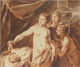 Venus, Bacchus en Ceres observeren de slapende Cupido