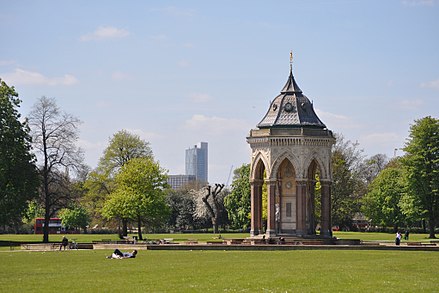 Grade II* listed drinking fountain in Victoria Park erected by Baroness Angela Burdett-Coutts in 1862.[12]