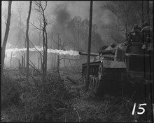 The 1st Tank Battalion tank received upgraded flamethrowing M48s for the Vietnam War. Vietnam....Flame tanks of the 1st Tank Battalion burn No-name Village during Operation Doser near Binh Son in the... - NARA - 532490.tif