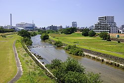 View of Yada-gawa River from the Top of Ohara-hashi Bridge, Naeshiro Moriyama Ward Nagoya 2021.jpg