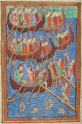 Danish seamen, painted mid-12th century. The Viking Age saw Norsemen explore, raid, conquer and trade through wide areas of the West. Viking invasion (Pierpont Morgan Library MS M.736, folio 9v) crop.jpg