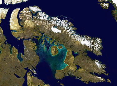 In this satellite image, the horn-like Brodeur Peninsula can be viewed top left as the northwestern part of Baffin Island Wfm baffin island.jpg